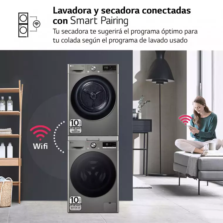 LG Torre de Lavado, Inox, Lavadora inteligente 9kg, 1400rpm, Un 10% mas eficiente que A + Secadora 9kg, A+++, TORREINOX99.SET